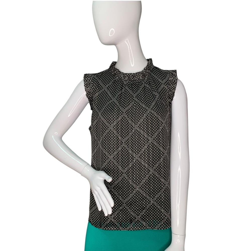 J. Crew Ruffle Neck Top Sleeveless Black/Small Polka Dots Full Lining Size M